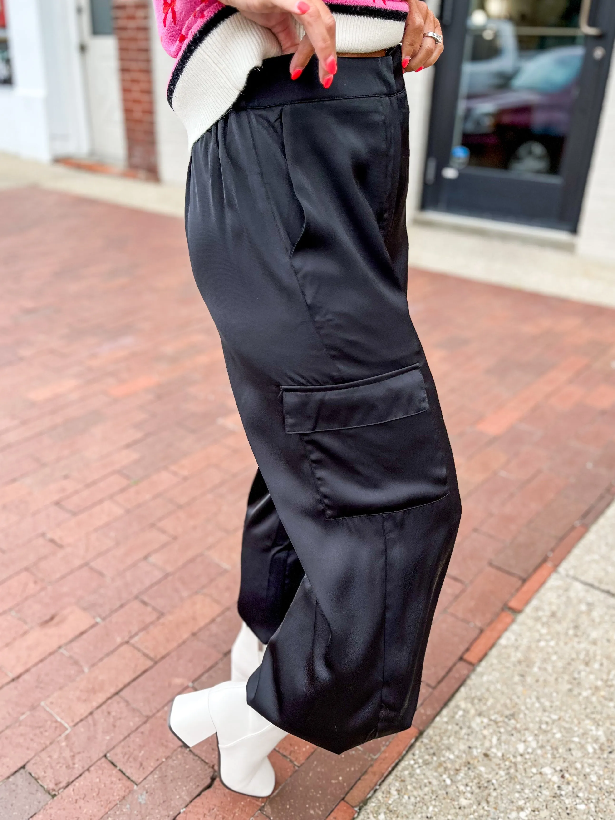 Black Satin Cargo Joggers