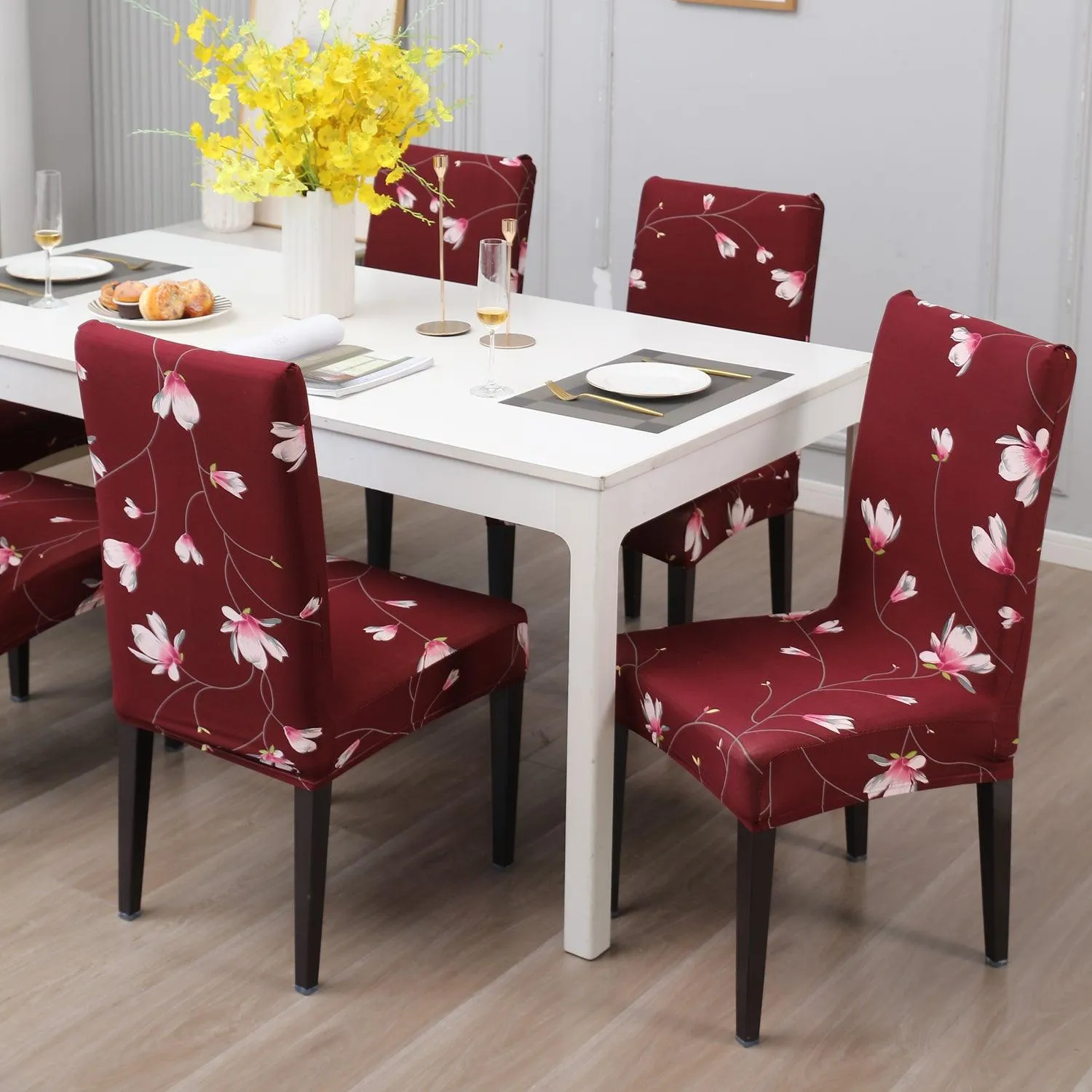 Elastic Stretchable Dining Chair Cover, Wine Red Flowers