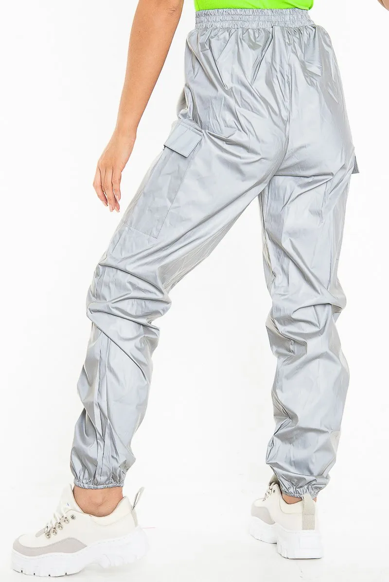 Grey Reflective Buckle Front Cuffed Hem Joggers - Stacia