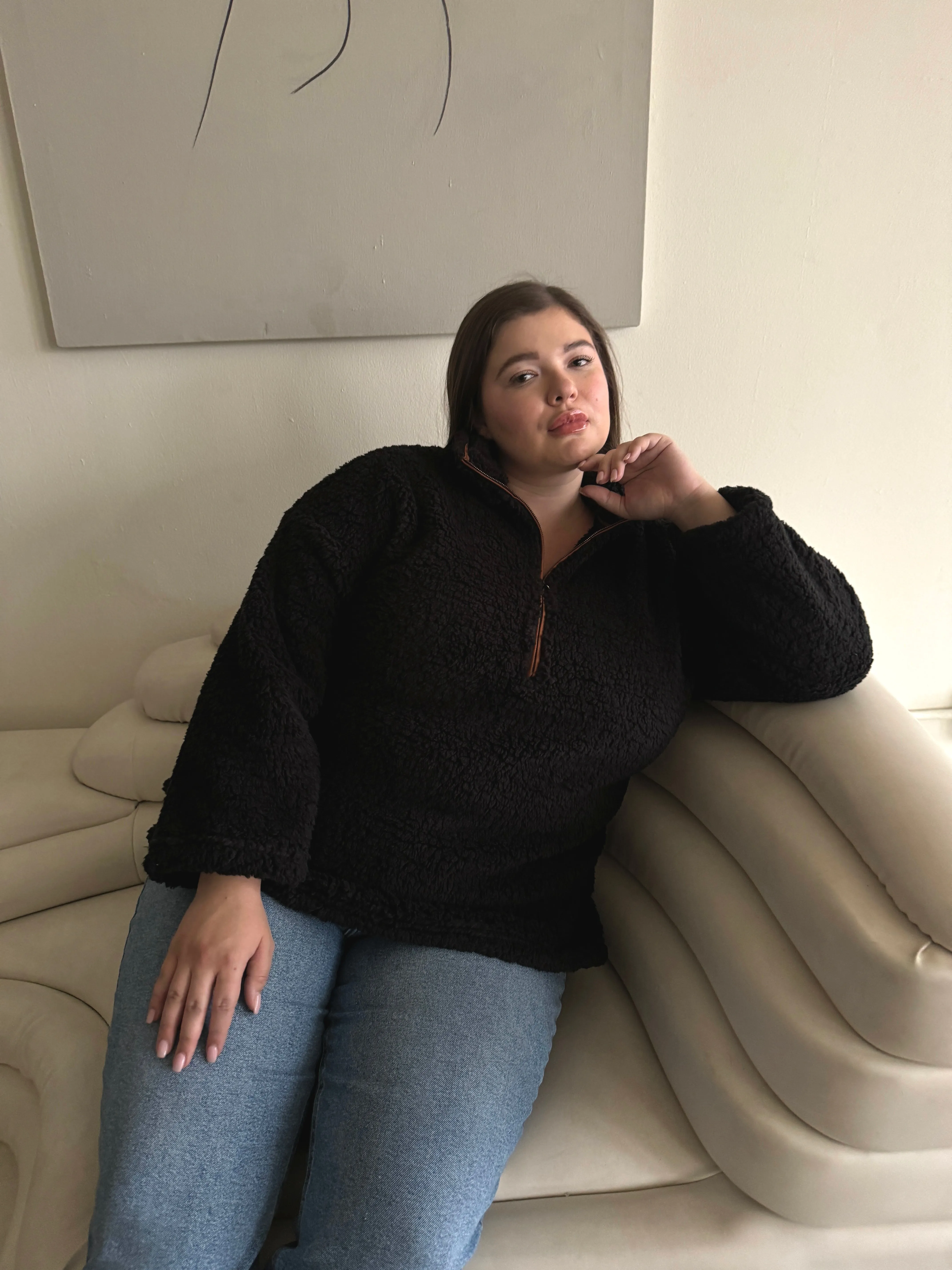 Plus Size Half Zip Teddy Pullover