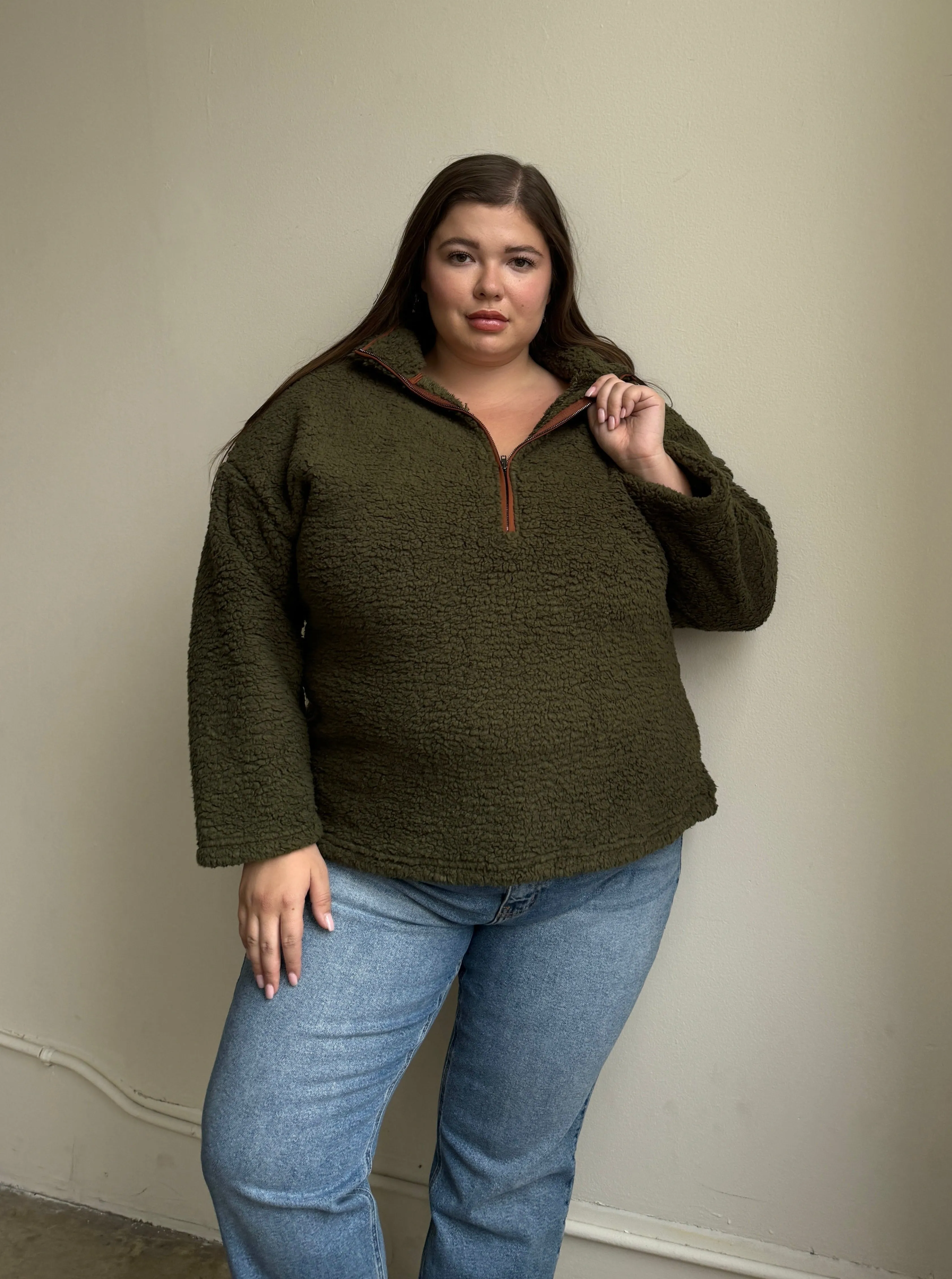 Plus Size Half Zip Teddy Pullover