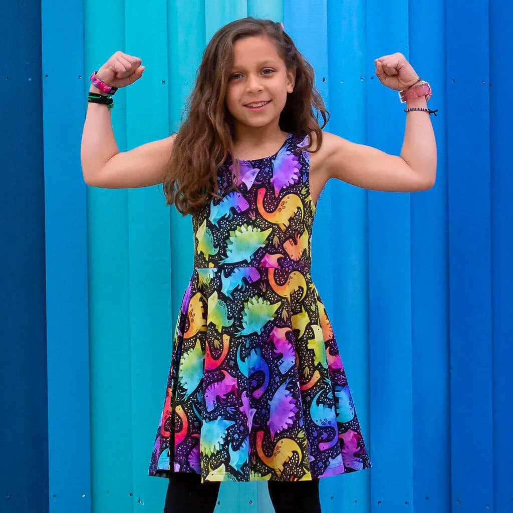 "Kaleidosaurus" Rainbow Dinosaurs Sleeveless Play Dress with Pockets