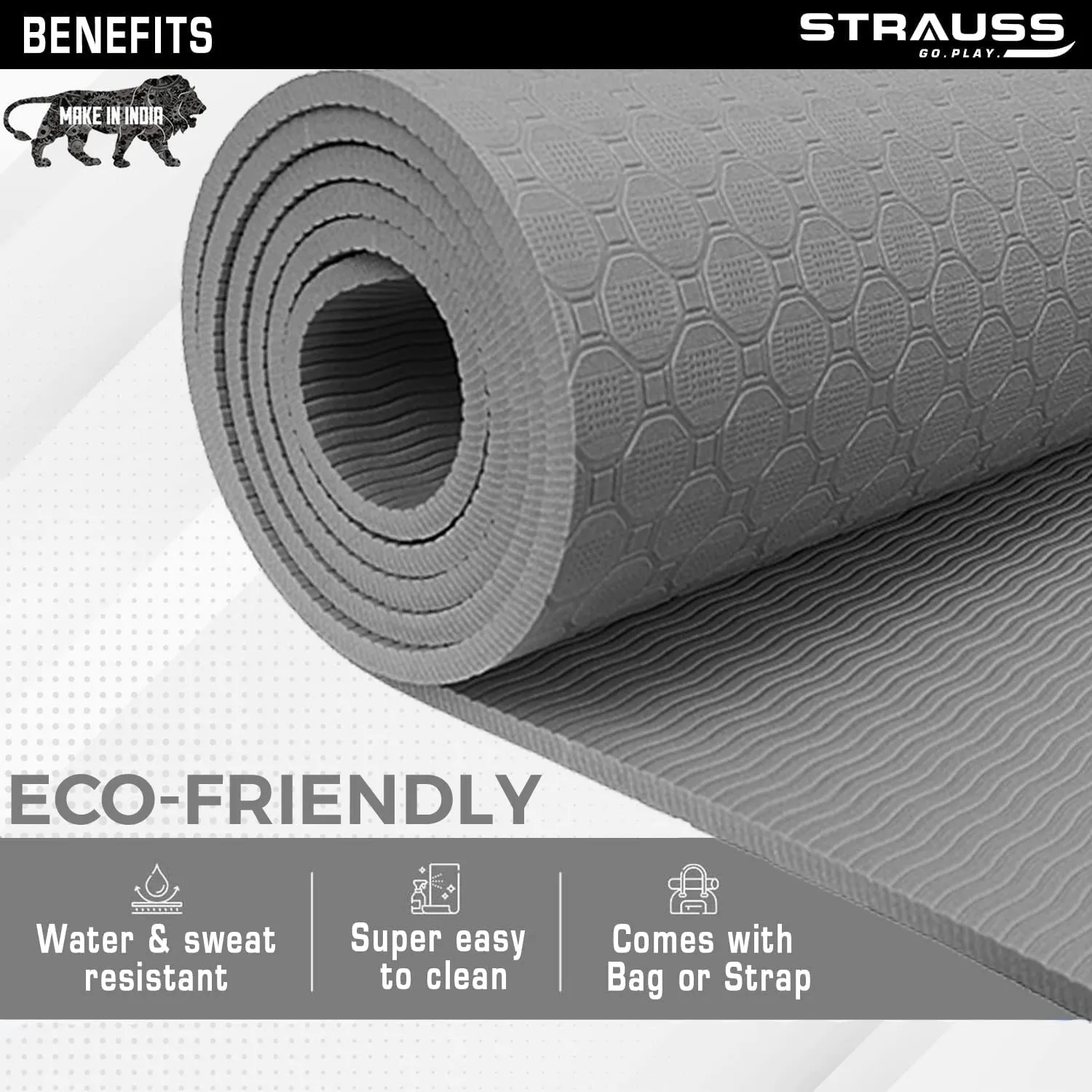 Strauss TPE Yoga Mat | Exercise Mat For Home Workout, Gym and Yoga Sessions | Anti Slip Gym Mat | Workout Mat For Men, Women and Kids | Yoga Mat With Carry Strap | Thickness: 6MM,(Grey)