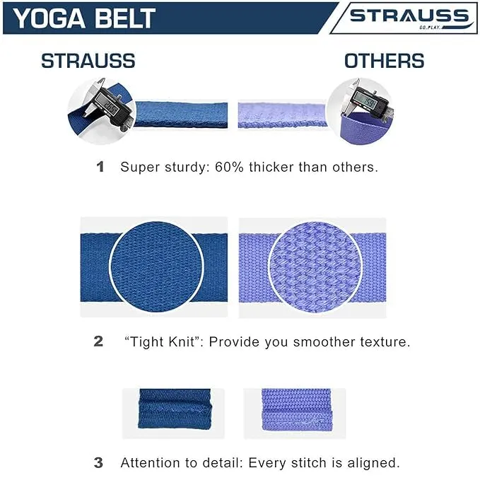 Strauss Yoga Strap & Stretching Belt | Ideal for Yoga, Pilates, Therapy, Dance, Gymnastics & Flexibility | 60% Thicker Belt with Extra Safe Adjustable Metal D-Ring Buckle | 8 feet (Blue) | Pack of 6