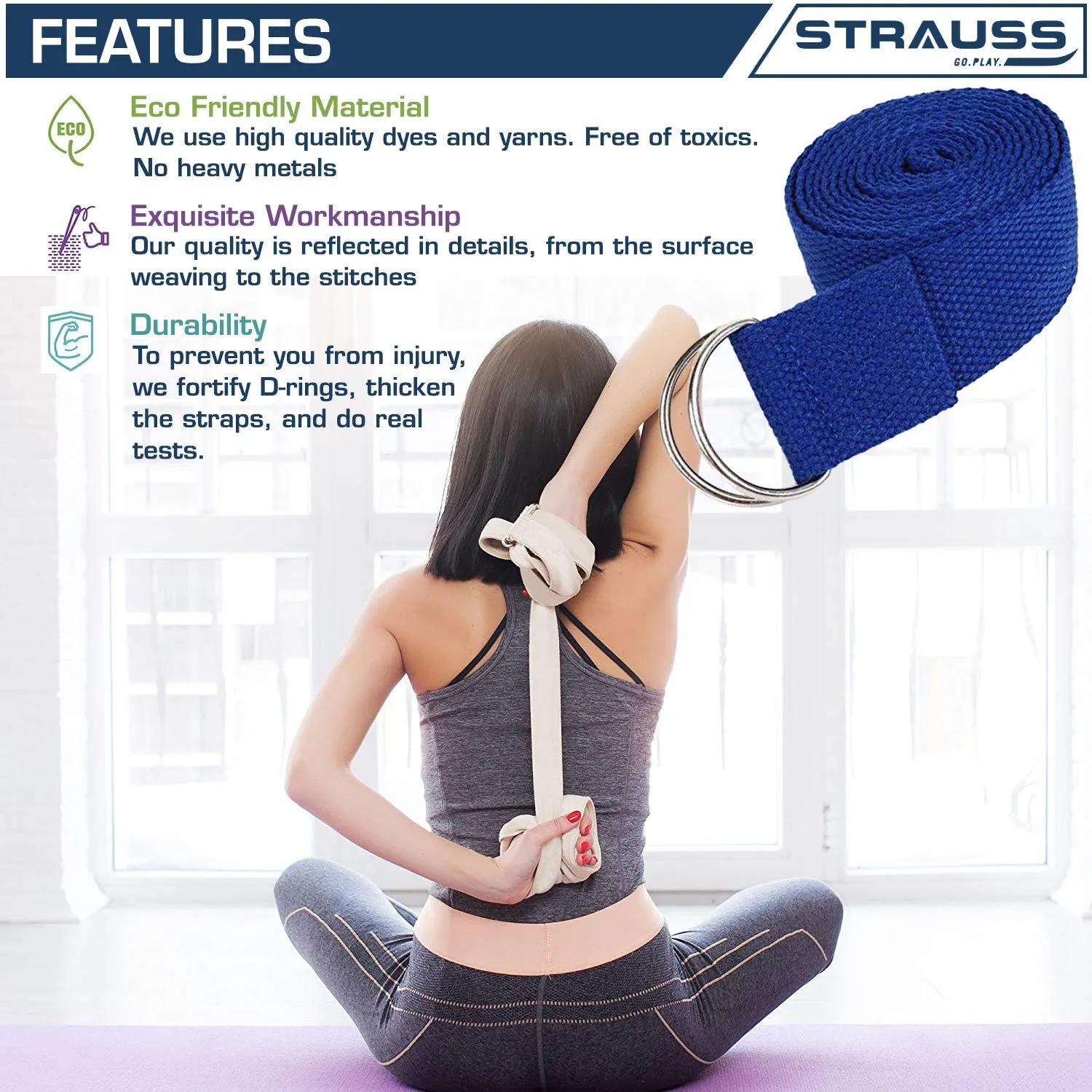 Strauss Yoga Strap & Stretching Belt | Ideal for Yoga, Pilates, Therapy, Dance, Gymnastics & Flexibility | 60% Thicker Belt with Extra Safe Adjustable Metal D-Ring Buckle | Eco-Friendly, 8 feet (Blue)