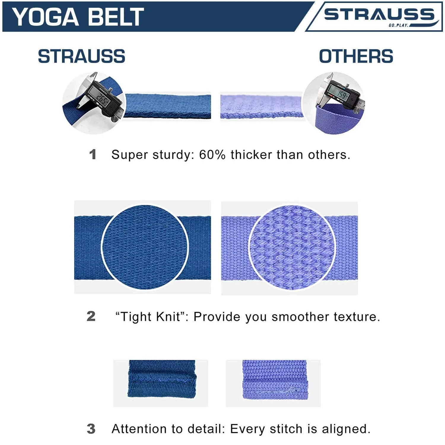 Strauss Yoga Strap & Stretching Belt | Ideal for Yoga, Pilates, Therapy, Dance, Gymnastics & Flexibility | 60% Thicker Belt with Extra Safe Adjustable Metal D-Ring Buckle | Eco-Friendly, 8 feet (Blue)