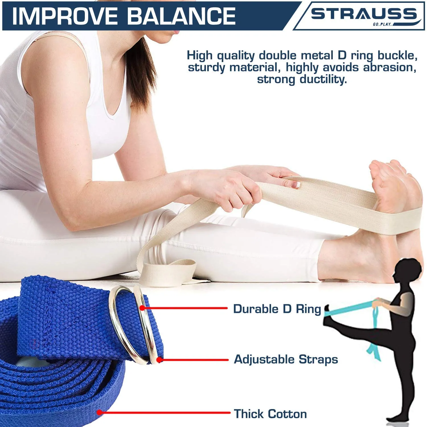 Strauss Yoga Strap & Stretching Belt | Ideal for Yoga, Pilates, Therapy, Dance, Gymnastics & Flexibility | 60% Thicker Belt with Extra Safe Adjustable Metal D-Ring Buckle | Eco-Friendly, 8 feet (Blue)