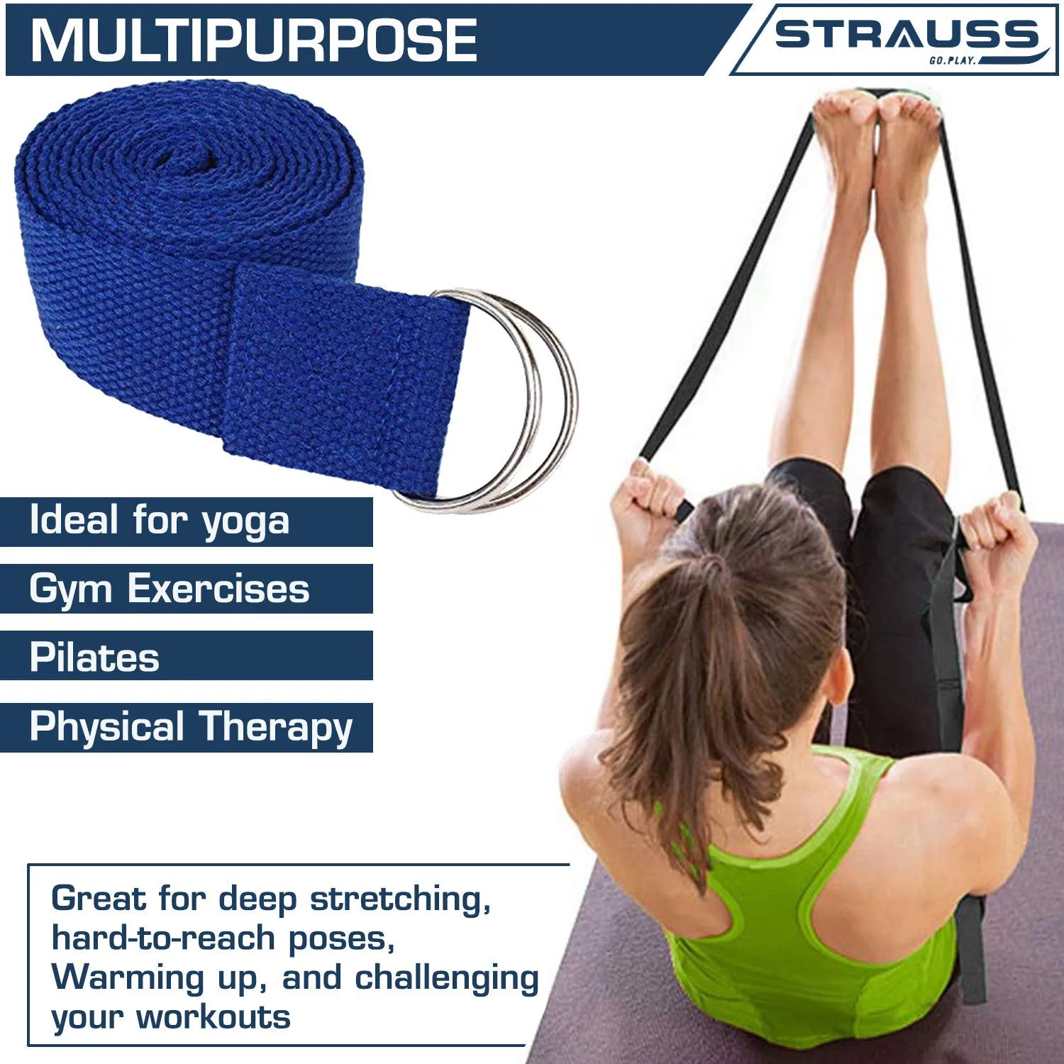 Strauss Yoga Strap & Stretching Belt | Ideal for Yoga, Pilates, Therapy, Dance, Gymnastics & Flexibility | 60% Thicker Belt with Extra Safe Adjustable Metal D-Ring Buckle | Eco-Friendly, 8 feet (Blue)